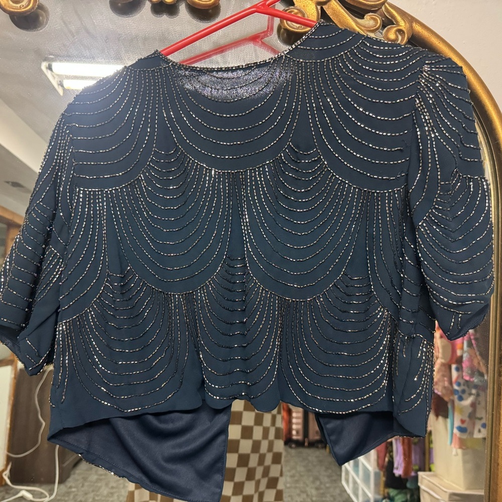 Elegant Navy Blue Beaded Women's Top